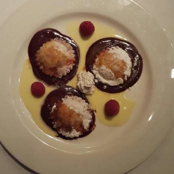 Cadot Restaurant - Goat cheese and apricot dessert ravioli with chocolate sauce. Quite delicious - French Near Me - Dallas, Texas