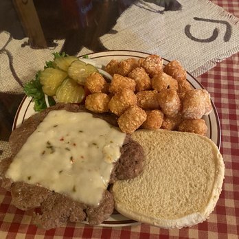 Stampede Saloon And Eatery - Stampede burger with tater tots - New American Near Me - Chugwater, Wyoming Stampede Saloon And Eatery - Stampede burger with tater tots - New American Near Me - Chugwater, Wyoming