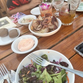 Old Lahaina Luau - for starters! taro chips,salads and taro dinner rolls (so good that we had to ask for more!) - Performing Arts Near Me - Lahaina, Hawaii