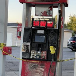 Speedway - A recent fire here makes the sign at the top of the pump a bit ironic. Fortunately the other pumps are still working.