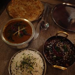 Aubergine curry, Chettinad lamb curry, roti and coconut rice