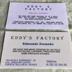 Eddie's Factory - Business card - Father and son, and their fine creations of silver and silver w/precious and semi-precious gem stones.