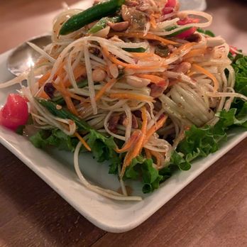 S T Noodle Bar - Som Tom (Papaya Salad) - Papaya, Green bean, chili, cherry tomato, carrot, peanuts, lime juice - Thai Near Me - Long Beach, California S T Noodle Bar - Som Tom (Papaya Salad) - Papaya, Green bean, chili, cherry tomato, carrot, peanuts, lime juice - Thai Near Me - Long Beach, California