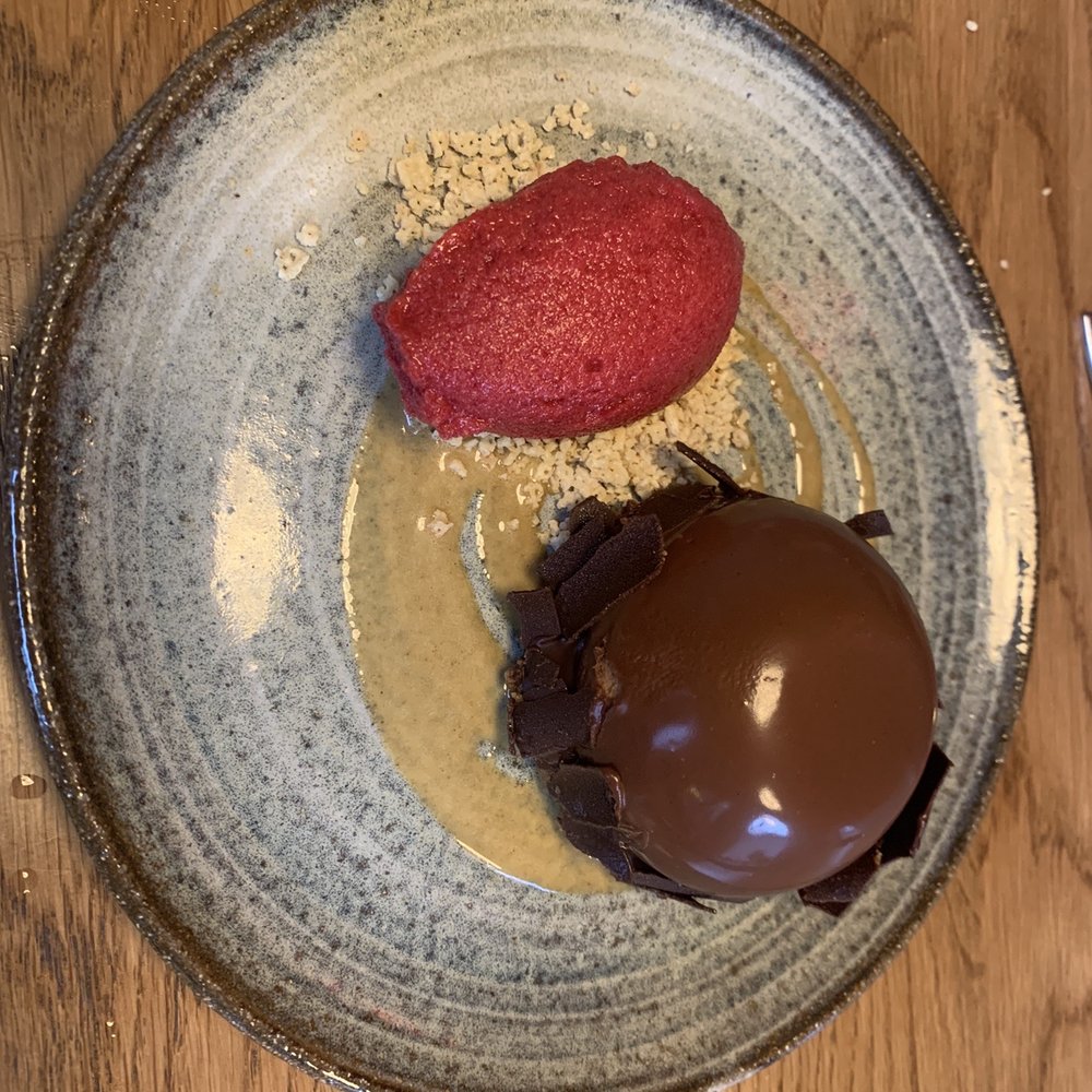 Common Thread Savannah - Chocolate cheesecake with sour cherry sorbet - New American Near Me - Savannah, Georgia Common Thread Savannah - Chocolate cheesecake with sour cherry sorbet - New American Near Me - Savannah, Georgia