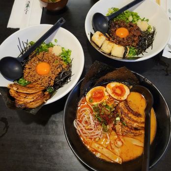 Sato Ramen House - Chashu Mazesoba (Left) Vegan Mazesoba (Top) Spicy Tonkotsu Ramen (Bottom) - Ramen Near Me - Pasadena, California