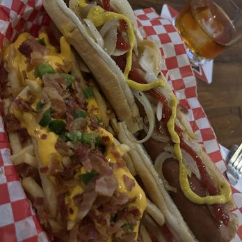 The Midway Pub - A Plain Beef Frank with onions  Bacon, Cheese, Jalapeno Fries - Pubs Near Me - Atlanta, Georgia