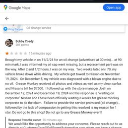 The image displays a Google Maps review page with a review from Bobby Coady, who gave a one-star rating. The review details a negative experience with an oil change service, including vehicle damage, poor customer service, and delayed responses from the business. The review includes a response from the business owner addressing concerns and providing contact information. The interface shows typical Google Maps elements, such as the reviewer's profile picture, points, and review timestamp.