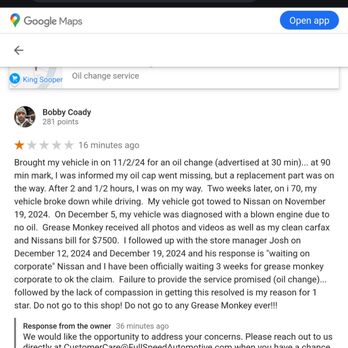 Grease Monkey - The image displays a Google Maps review page with a review from Bobby Coady, who gave a one-star rating. The review details a negative experience with an oil change service, including vehicle damage, poor customer service, and delayed responses from the business. The review includes a response from the business owner addressing concerns and providing contact information. The interface shows typical Google Maps elements, such as the reviewer's profile picture, points, and review timestamp. - Auto Repair Near Me - Highlands Ranch, Colorado