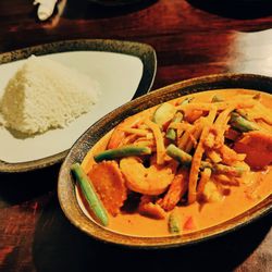 Red curry with shrimp and pyramid jasmine rice