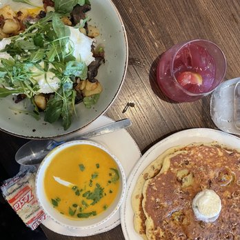 First Watch - Butternut Squash bisque, truffle mushroom hash, and banana granola pancake - Breakfast & Brunch Near Me - Fairfax, Virginia First Watch - Butternut Squash bisque, truffle mushroom hash, and banana granola pancake - Breakfast & Brunch Near Me - Fairfax, Virginia