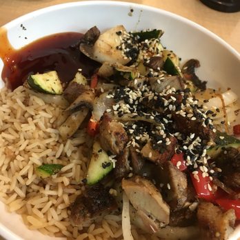 8th Street Campus Kitchen - My Mongolian grill dish: Brown rice, pork, veggies, sesame seeds, and their sauce on the side - New American Near Me - Miami, Florida