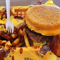 Hippo Burgers - Blue cheese bacon burger and chili cheese fries