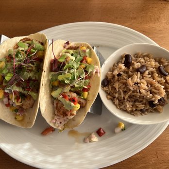 Broken Plate Kitchen - Shrimp tacos with mango salsa, house made slaw, cilantro lime dressing with a side of Caribbean rice and beans. - Breakfast & Brunch Near Me - Corolla, North Carolina