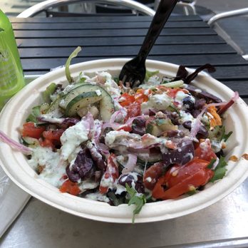 Mezeh - Salad w/ chicken swarma, tiziki, cucumbers, all the fixings. - Mediterranean Near Me - Arlington, Virginia Mezeh - Salad w/ chicken swarma, tiziki, cucumbers, all the fixings. - Mediterranean Near Me - Arlington, Virginia