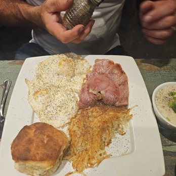 Scrambled Southern Diner - 2 eggs, ham, hash browns, biscuit, and bowl of gravy - Breakfast & Brunch Near Me - Greensboro, North Carolina Scrambled Southern Diner - 2 eggs, ham, hash browns, biscuit, and bowl of gravy - Breakfast & Brunch Near Me - Greensboro, North Carolina