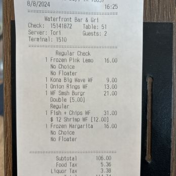 Waterfront Bar & Grill - Bill for 2 - Cocktail Bars Near Me - Horseshoe Bay, Texas Waterfront Bar & Grill - Bill for 2 - Cocktail Bars Near Me - Horseshoe Bay, Texas