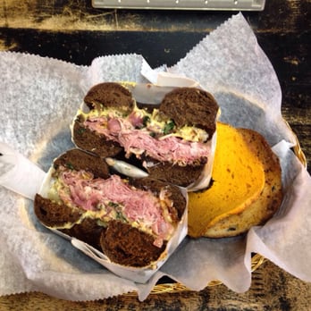 Gotham Bagels - Old Fashioned - ham with chili aioli and fresh basil, spicy mustard, cheese and chicharrones! - Bagels Near Me - Madison, Wisconsin