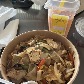 Dancing Spoons - Chicken Pad Kee Mao with Thai tea - Thai Near Me - San Gabriel, California Dancing Spoons - Chicken Pad Kee Mao with Thai tea - Thai Near Me - San Gabriel, California