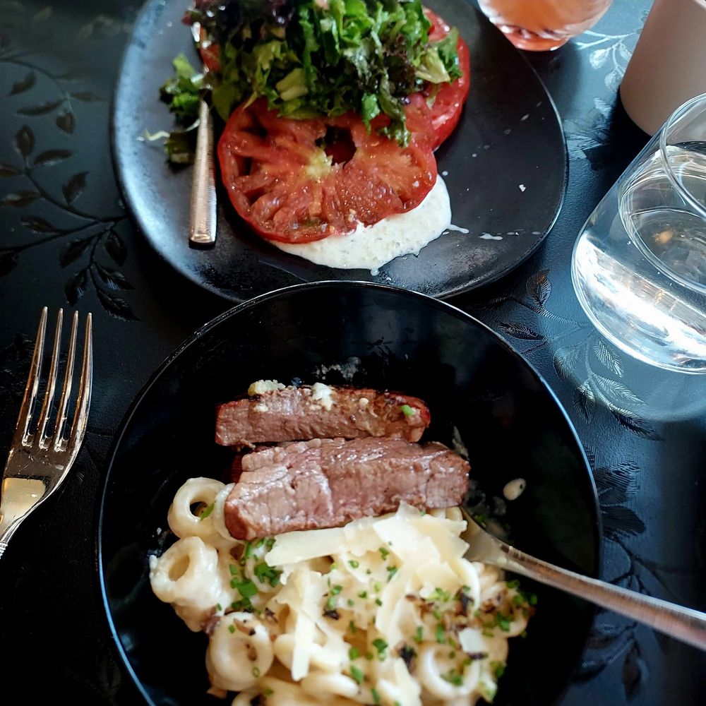 Palm Palm - Truffle spaghettioes with some of hubby's steak, his heirloom tomato salad is in the background - Bars Near Me - Pittsburgh, Pennsylvania Palm Palm - Truffle spaghettioes with some of hubby's steak, his heirloom tomato salad is in the background - Bars Near Me - Pittsburgh, Pennsylvania