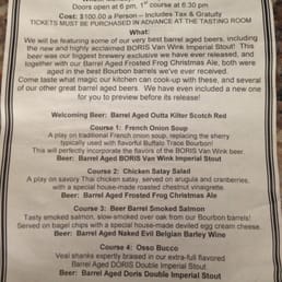 Menu for the Barrel Aged Beer Dinner