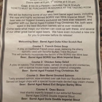 The Tasting Room At Hoppin' Frog - Menu for the Barrel Aged Beer Dinner - Breweries Near Me - Akron, Ohio