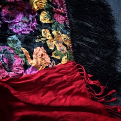 The Salvation Army Family Store & Donation Center - Oscar de la Renta floral patterned rayon scarf, 2.99$ and a red jersey knit oversized scarf 4.99$