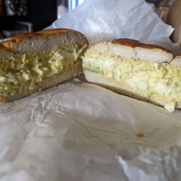 Egg salad Sandwich on Pretzel Bun, has a distinct mustard flavor but otherwise pretty bland. Egg salad Sandwich on Pretzel Bun, has a distinct mustard flavor but otherwise pretty bland.