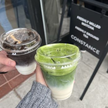 Constance Tea & Matcha - Hojicha Latte with Whole Milk and Freshly Milled Matcha Latte with Oat Milk - Coffee & Tea Near Me - San Francisco, California