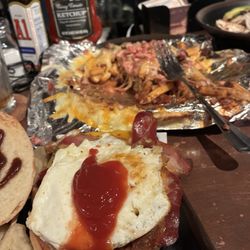 Penguin Hotel & Bar - Breakfast Burger. Delicious and had a great right off the grill taste with fried egg and bacon.