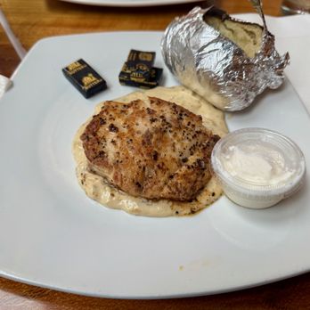 Fiddlers - Blackened Tripletail over Creamy Leek Sauce with Baked Potato - Seafood Near Me - St. Simons, Georgia