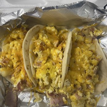 Taco Master - Three breakfast tacos w/ bacon, potatoes, ham, eggs, and cheese on flour tortillas - Mexican Near Me - Fort Worth, Texas Taco Master - Three breakfast tacos w/ bacon, potatoes, ham, eggs, and cheese on flour tortillas - Mexican Near Me - Fort Worth, Texas