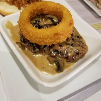 Addys BBQ - This burger comes with mushroom sauce and its bangin'! And who doesnt love an onion ring on top! The patty is big and well seasoned as well. - Barbeque Near Me - Elmont, New York Addys BBQ - This burger comes with mushroom sauce and its bangin'! And who doesnt love an onion ring on top! The patty is big and well seasoned as well. - Barbeque Near Me - Elmont, New York