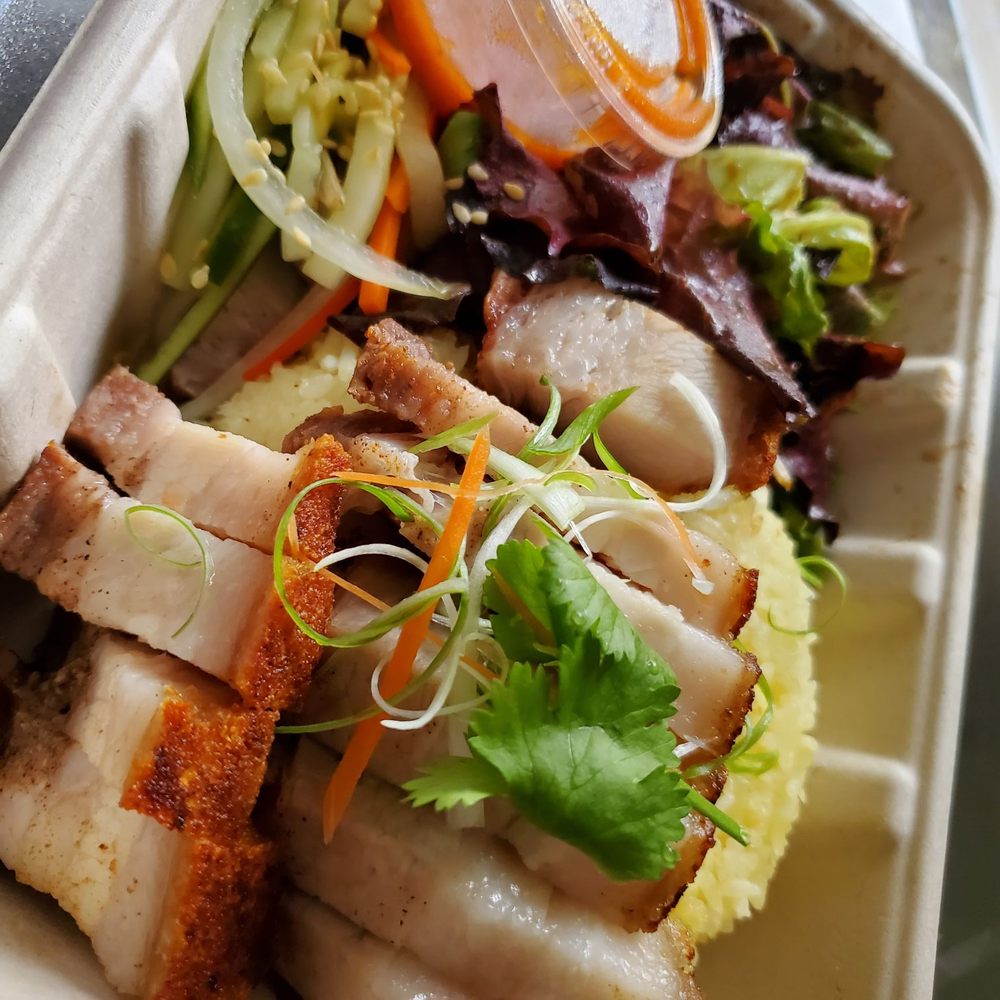 Sago - Crispy pork belly bowl with garlic rice. And that sauce there with the off orange look straight fire, like hot hot hot sauce - Malaysian Near Me - Cincinnati, Ohio Sago - Crispy pork belly bowl with garlic rice. And that sauce there with the off orange look straight fire, like hot hot hot sauce - Malaysian Near Me - Cincinnati, Ohio