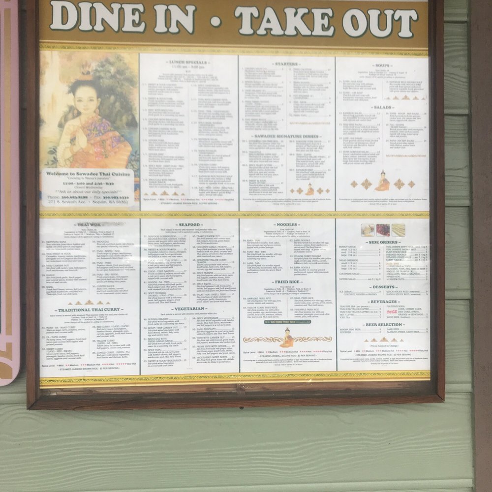 Sawadee Thai Cuisine - Full menu posted outside - Thai Near Me - Sequim, Washington Sawadee Thai Cuisine - Full menu posted outside - Thai Near Me - Sequim, Washington