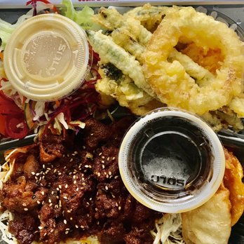 Sakebomb - Lunch bento box: veggie tempura and spicy pork - Sushi Bars Near Me - Sunnyvale, California