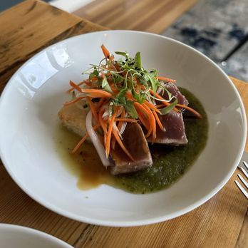 Northern Union - SESAME TUNA yellowfin, crispy rice cake, cucumber and jalapeño puree, soy glaze, marinated vegetables, sesame, GF - Wine Bars Near Me - Ogunquit, Maine