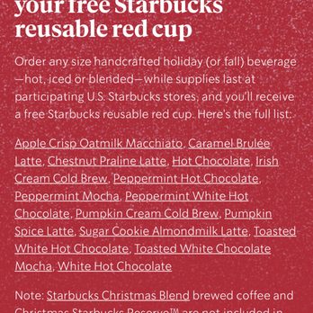 Starbucks - a red cup with the text order a handcrafted holiday beverage to get your free starbucks's reusable red cup - Coffee & Tea Near Me - Boca Raton, Florida