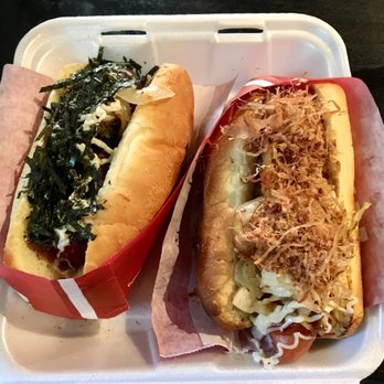 Japadog - Kobe Beef Terimayo (left) & Okonomi (right). - Japanese Near Me - Vancouver, British Columbia