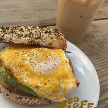 Component Coffee Lab - Sweet late (iced) and a everything bagel sandwich - Coffee & Tea Near Me - Visalia, California