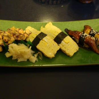 Sushi Kazu - My Lunch Order. (L-R) : Spicy Octopus, Tamago and Unagi Nigiri from Sushi Kazu March 7th 2013 visit. - Japanese Near Me - Centennial, Colorado Sushi Kazu - My Lunch Order. (L-R) : Spicy Octopus, Tamago and Unagi Nigiri from Sushi Kazu March 7th 2013 visit. - Japanese Near Me - Centennial, Colorado