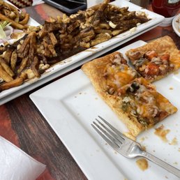 Poutine and Pesto Veggie Puff Pastry Pizza.