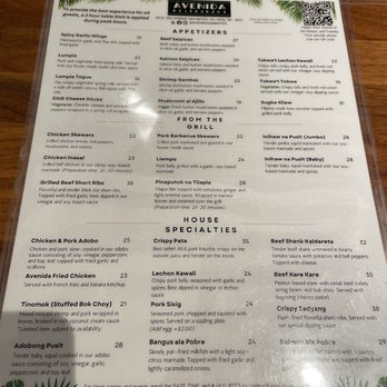 Avenida Restaurant - Menu part 1 - Filipino Near Me - San Mateo, California