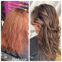 Jen from NY - Before & After. From 18yrs of Box red to a brunette with caramel babylights.