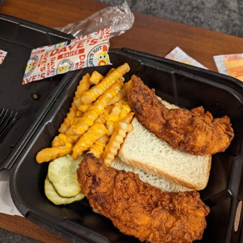 Dave's Hot Chicken - Two tenders with cheese (?) fries. - Chicken Shop Near Me - Fullerton, California Dave's Hot Chicken - Two tenders with cheese (?) fries. - Chicken Shop Near Me - Fullerton, California