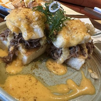 Late August - Grit Cake Benedict - Southern Near Me - Houston, Texas Late August - Grit Cake Benedict - Southern Near Me - Houston, Texas
