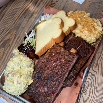 Moo's Craft Barbecue - Potato salad, Mac and cheese, 1/2 lb burnt ends, 1lb brisket, 2lb spare ribs - Barbeque Near Me - Los Angeles, California