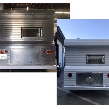 Orange County Vintage Trailers - That diamond quilted aluminum really adds personality to the cargo door vs the original flat aluminum. - Trailer Repair Near Me - Mentone, California Orange County Vintage Trailers - That diamond quilted aluminum really adds personality to the cargo door vs the original flat aluminum. - Trailer Repair Near Me - Mentone, California