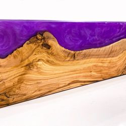 Olive wood and purple epoxy custom shelf for a hair salon in Long Beach