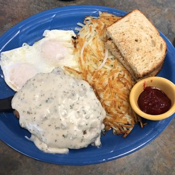 Biscuits Cafe - Chicken Fried Steak + eggs over-easy, hash-browns, sourdough toast, and some lovely jam. - Breakfast & Brunch Near Me - Beaverton, Oregon