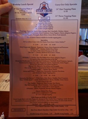 Menu photo 2 Steam Engine Pizza Pub Irvine, KY Menu photo 2 Steam Engine Pizza Pub Irvine, KY